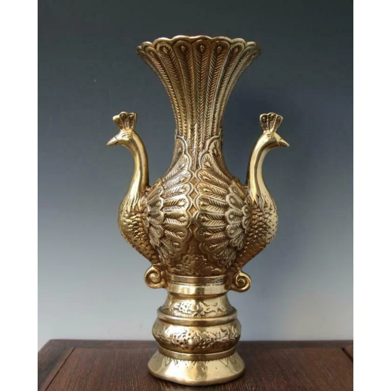 

Old Collection Decoration Handmade Copper Carved Pair of Peacock Noble Vase