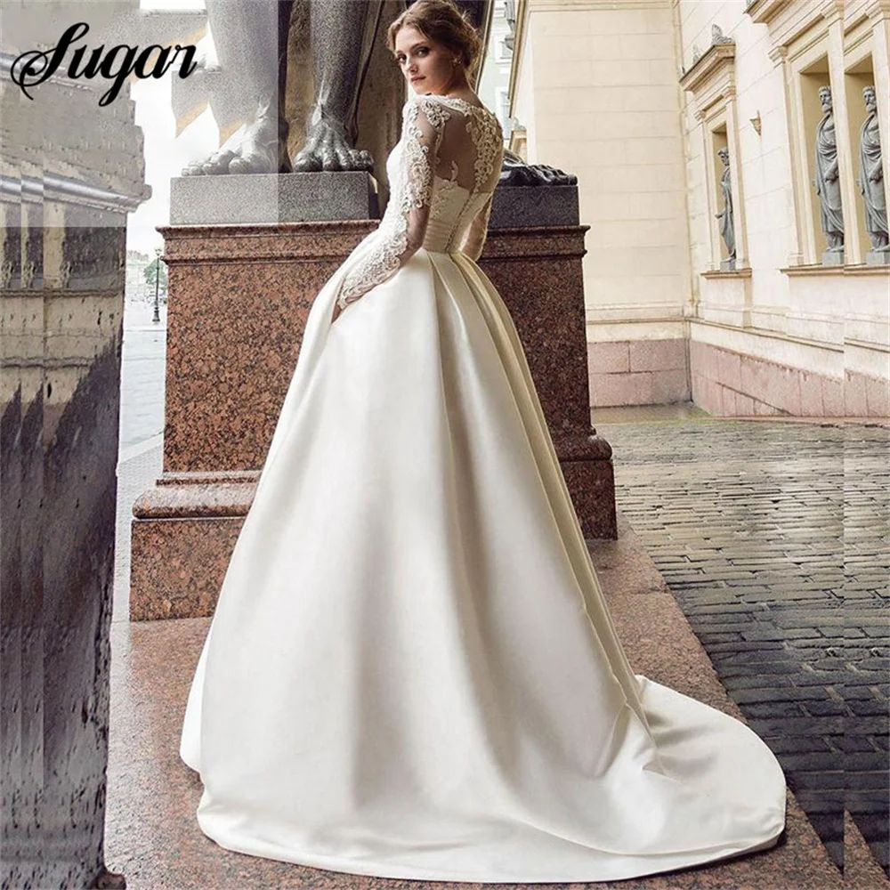 Купи Ivory White Wedding Dress Long Sleeves A Line Satin African Wedding Gown Pockets Lace Appliques Boho Bride Dresses vestido novia за 4,320 рублей в магазине AliExpress