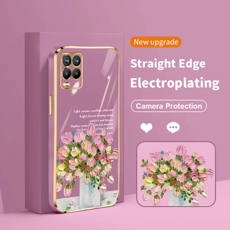

New Square Little Fresh Girl and Bouquet Electroplating Case for Realme 8 4G 5G 8S 8i 9i 9 Pro Plus V13 V25 Q3i Q5 Narzo 30 50