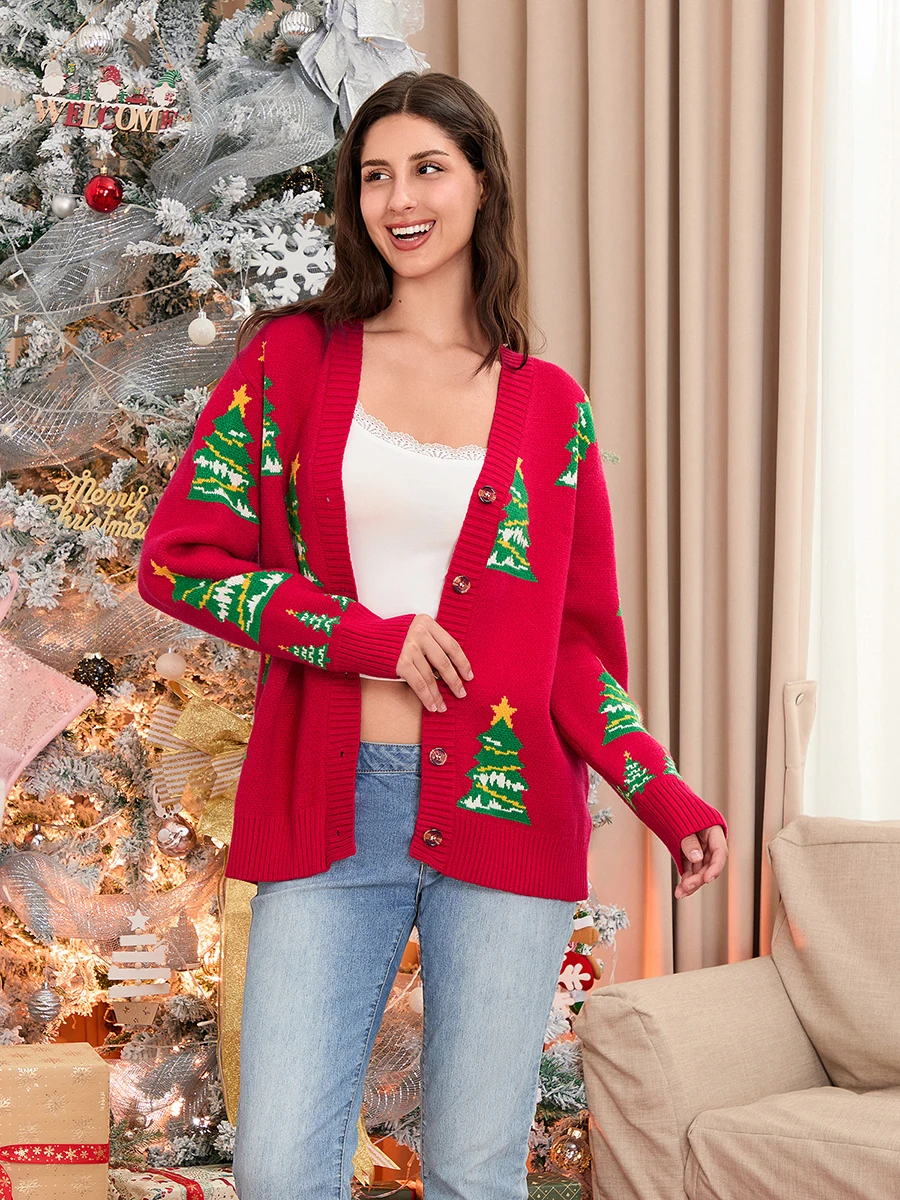 Women Christmas Cardigan Tree Print V-Neck Long Sleeve Sweater Fall Casual Soft Knit Coat