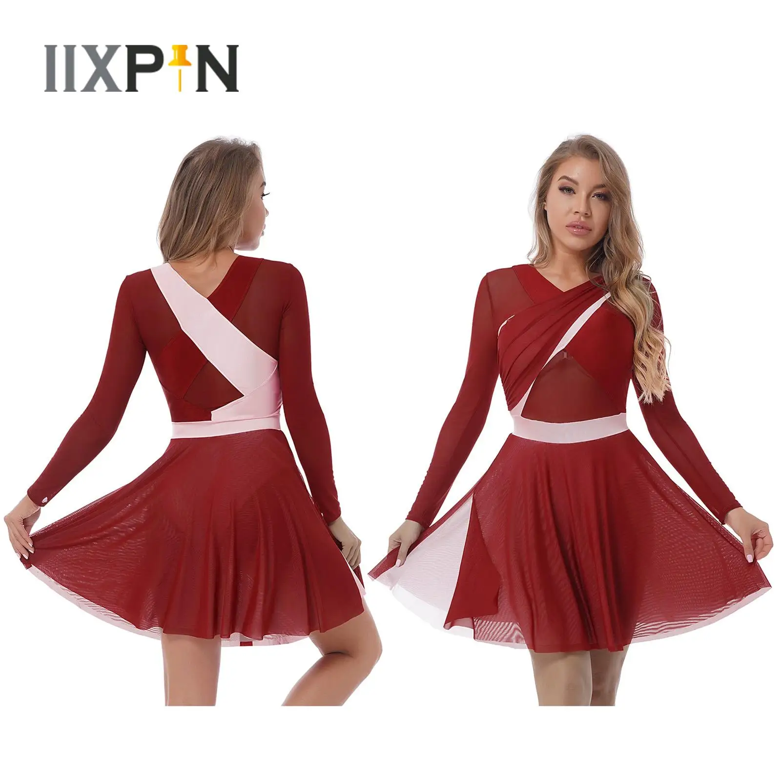 

2022 Womens Ballet Leotard Dress Lyrical Dance Dresses Sheer Mesh V Neck Dancewear Modern Dance Dress Stage Performance Costume