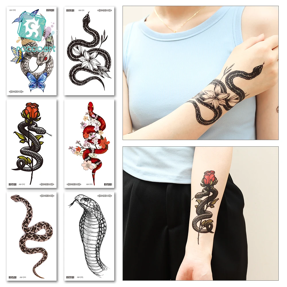 Черная змея Временные татуировки наклейки для женщин и мужчин тело талия