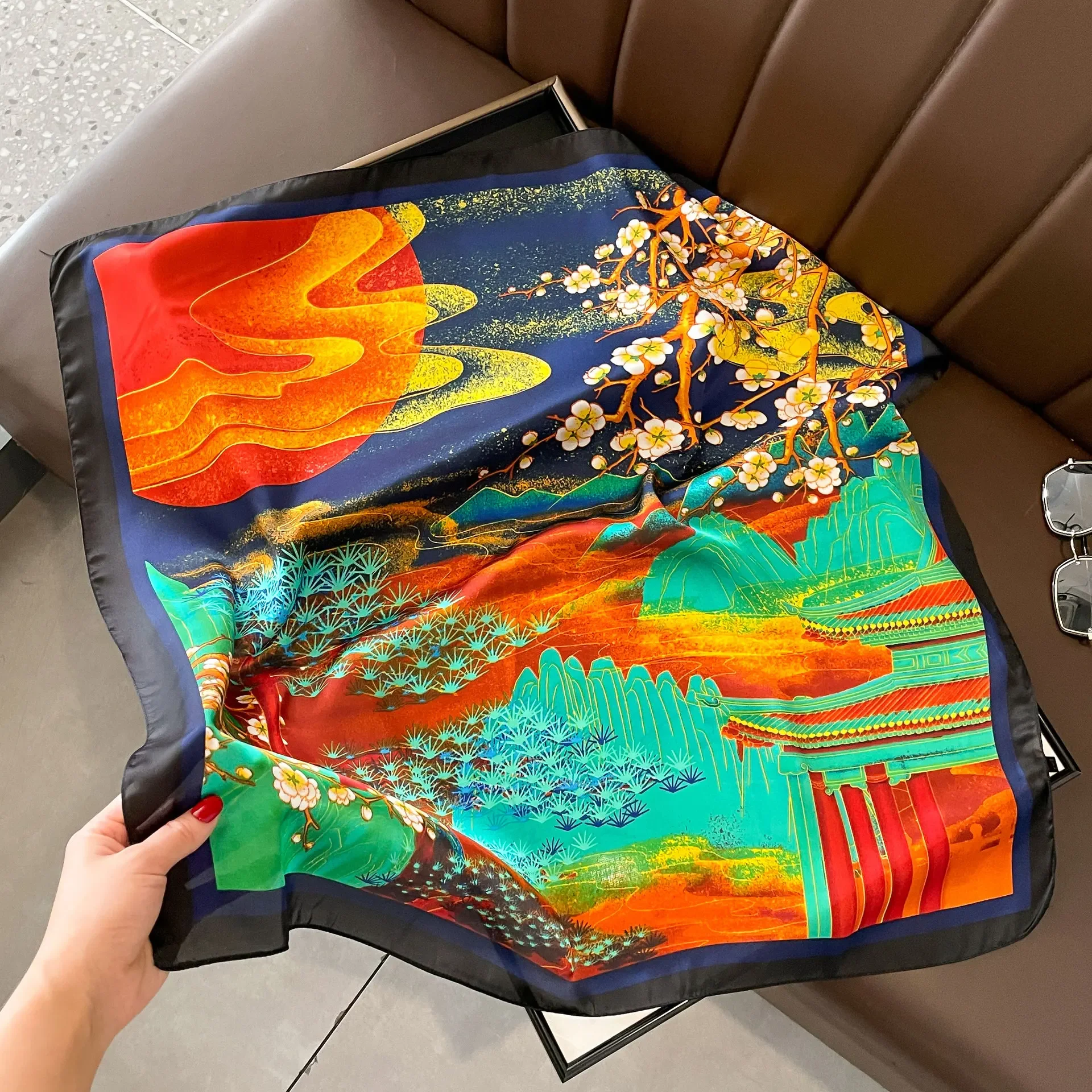 Роскошный шелковый атласный квадратный шарф для женщин с принтом 70 см весенняя