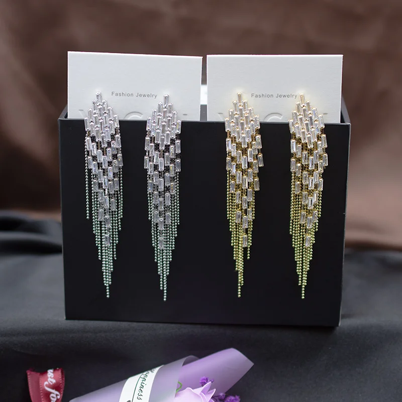 

JICAI Zircon Gold Earrings 925 Silver Vintage Tassels Crystal Long Statement Earrings For Women Party Fashion Dangle Pendientes