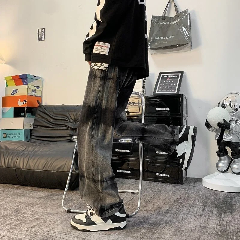 Black Tie Dye Jeans Men's Fashion Retro Casual Baggy Jeans Men Streetwear Loose Hip Hop Straight Denim Pants Mens Trousers S-3XL