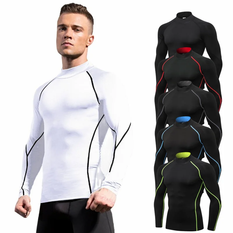 

Men Sport Long Sleeve T Shirts High Collar Running Top Compression Exercise Tights Cycling Training Fitness Skinny Sweatshirts