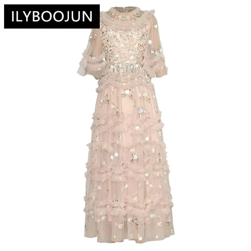 Женское Сетчатое платье макси элегантное с цветочной вышивкой оборками и