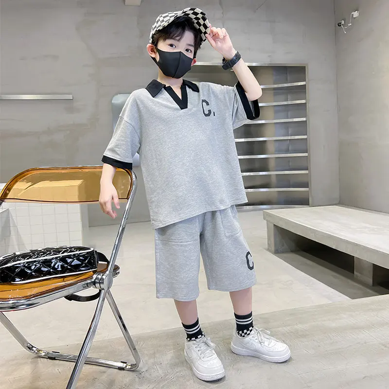 Children's Sport Clothing Set For Boys Short-Sleeved V-Neck T-Shirt+Shorts Solid Color Cotton Two-Piece Summer Teen Kids Outfits
