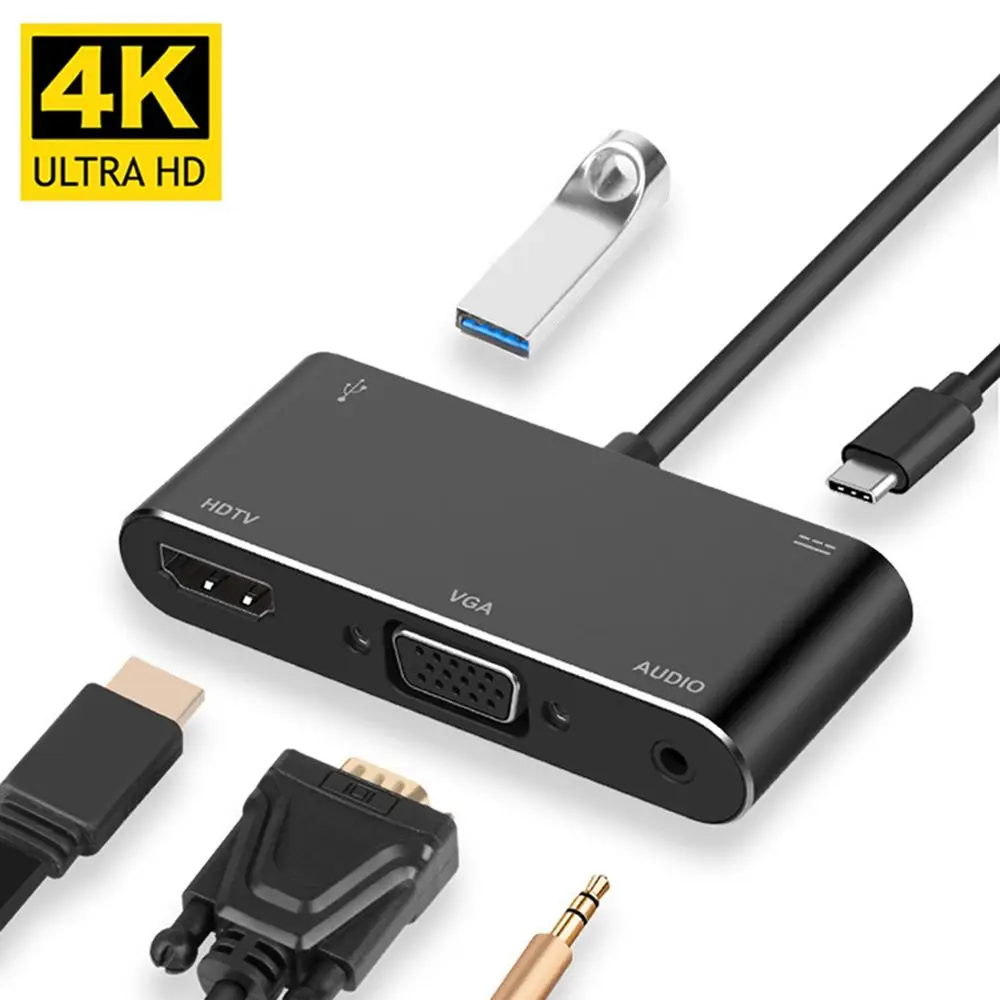 

Ноутбук HDTV Multiport 3,5 мм аудио адаптер 4K HDMI VGA USB 3.0 Type-C Hub