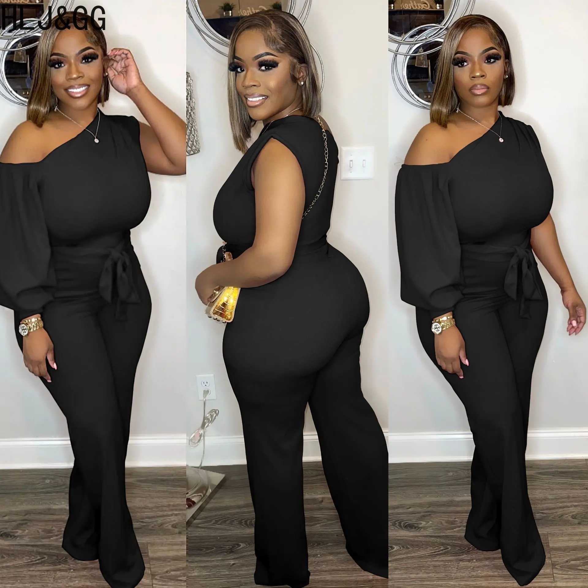 HLJ&GG Fashion One Shoulder Lace Up Jumpsuits Women Solid Color Long Sleeve Wide Leg Pants Playsuits Casual One Piece Streetwear