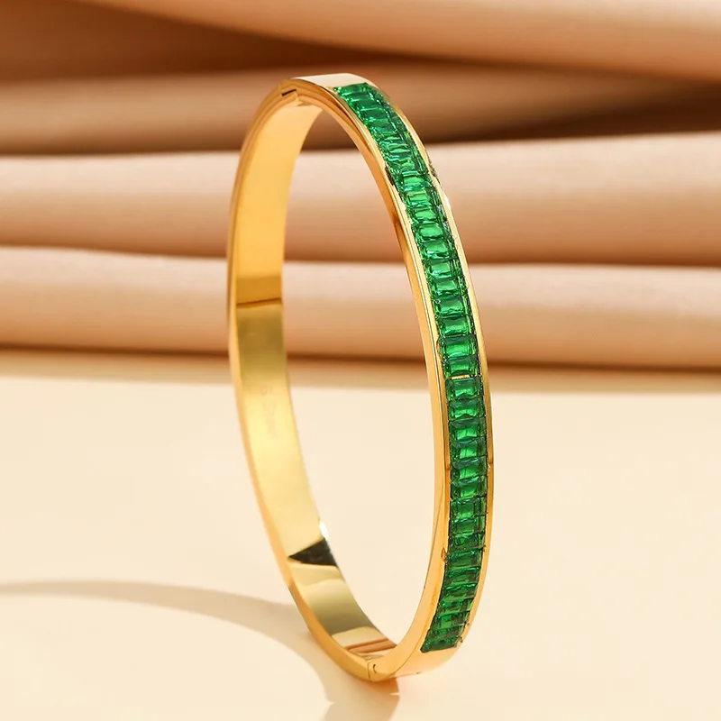 304 Stainless Steel Half Circle Micro-inlaid Crystal Square Zircon Geometric Open Size Charming And Elegant Girl Bracelet Bangle