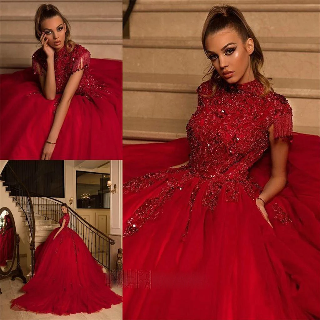 

2022 Arabic High Neck Beading Red Prom Dresses Cap Sleeve Puffy Evening Gowns Tulle Sweep Train Formal Pageant Party Dress