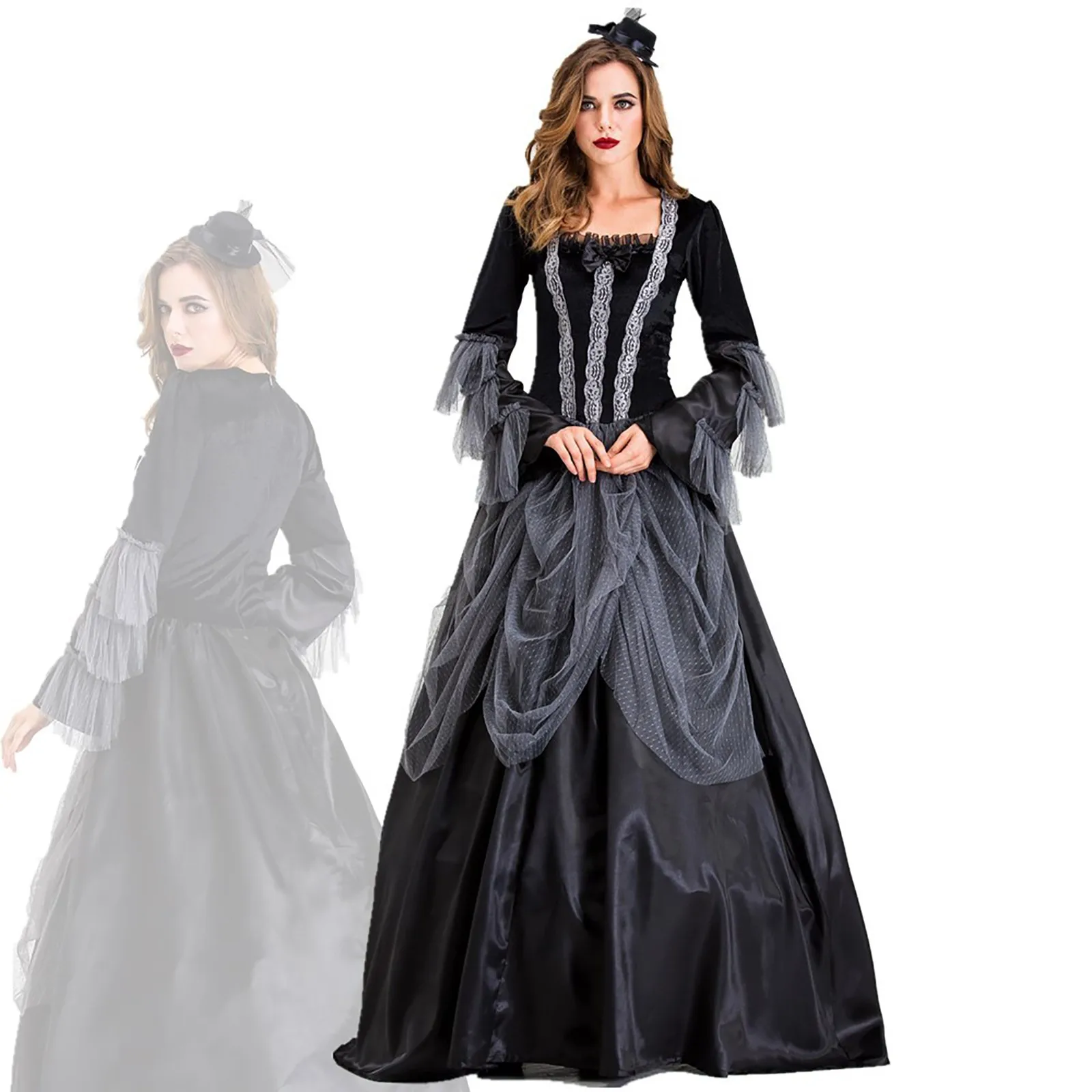 

Женское винтажное платье для Хэллоуина, элегантное черное платье для маскарада с шляпой, кружевное Бандажное платье