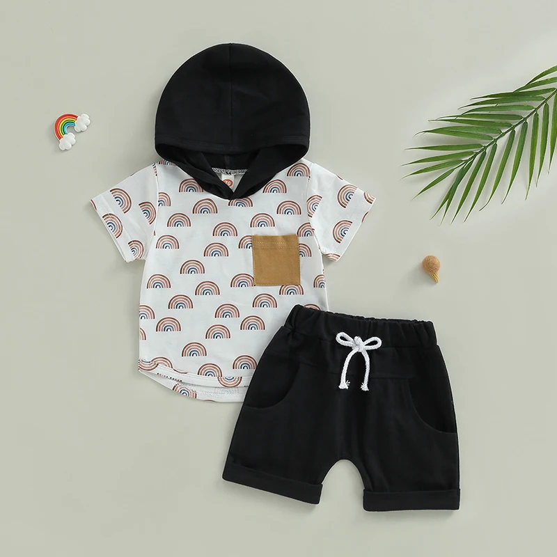 

Fashion Toddler Boys 2PCS Shorts Sets Short Sleeve Rainbow Print Hooded Tops and Drawstring Shorts Sets Summer Clothes
