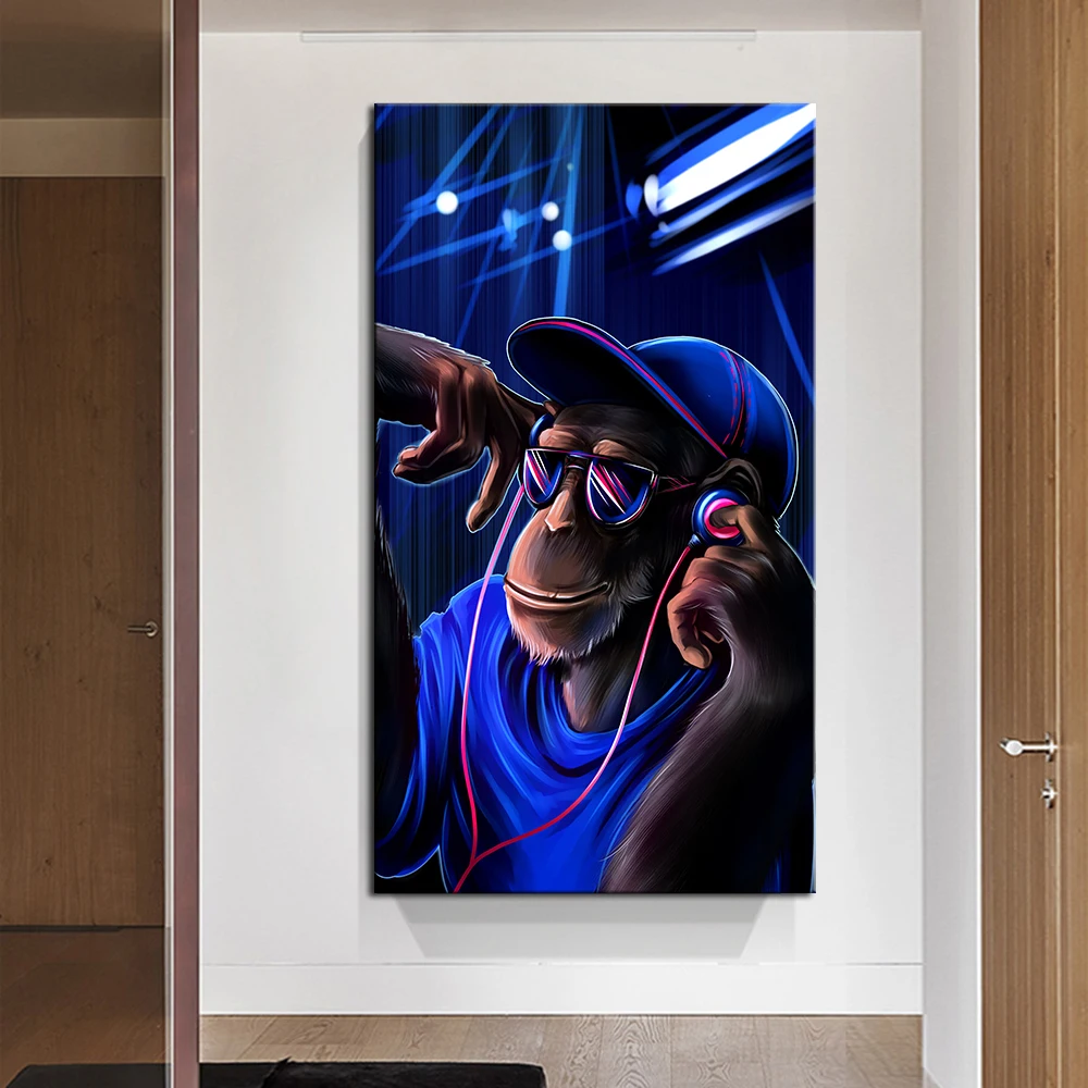 

Orangutan With Headphones On Blue Background Canvas Painting Modern Animal Poster Prints Wall Art Pictures For Living Room Decor