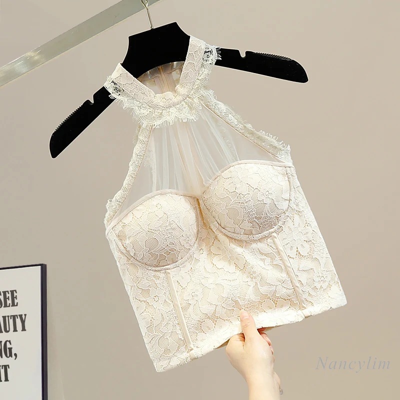 

Lace Tank for Women Fashion Mesh Slim Fit Patchwork Short Sleeveless Halter Crop Top 2022 New Elegant Female Clothes Apricot