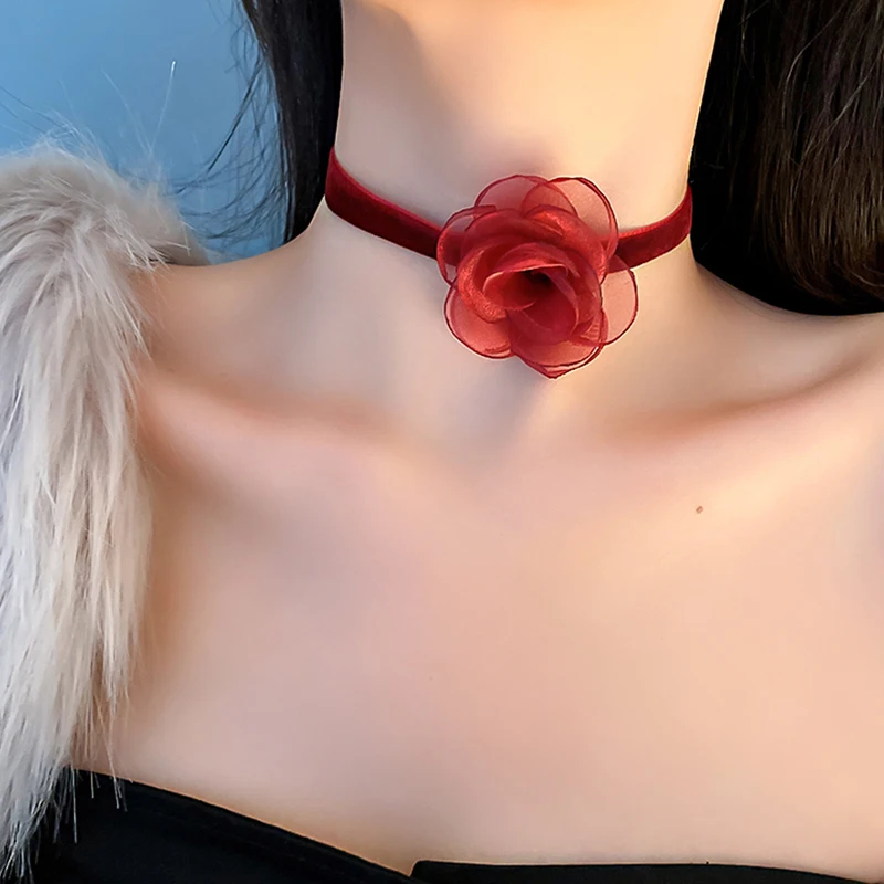 Модное ожерелье из органзы с цветком розы колье для женщин и девочек кружевной