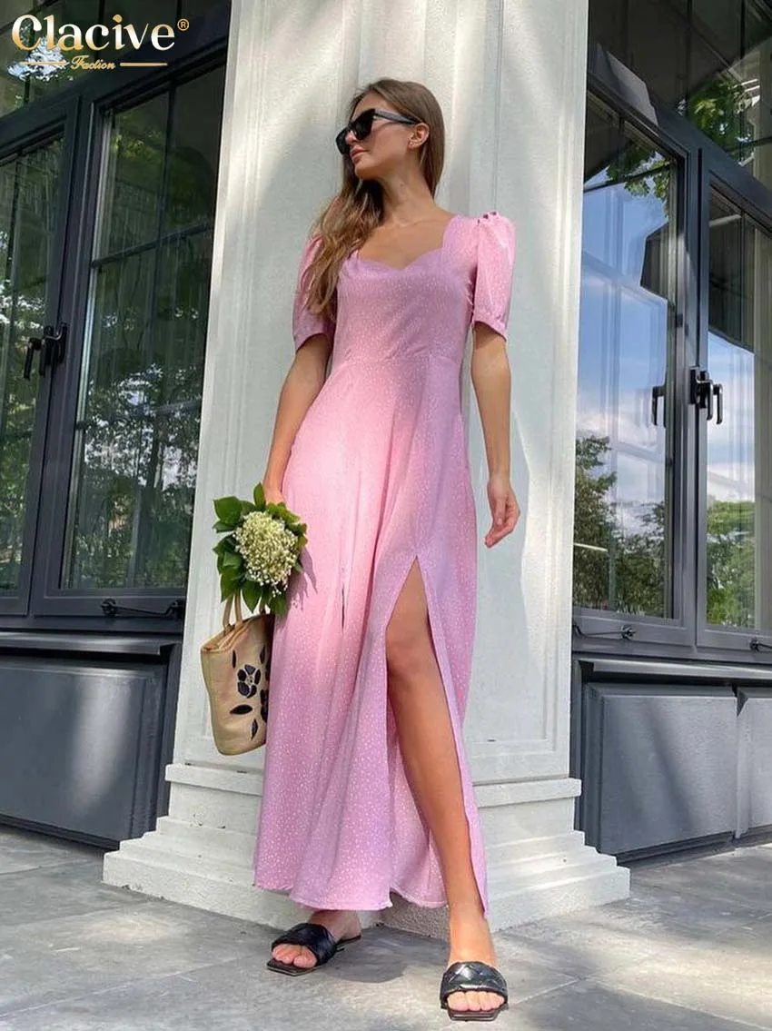 

Clacive Fashion Square Collar Print Women's Summer Dress Elegant Short Sleeve Office Midi Dresses Bodycon Slit Female Dress