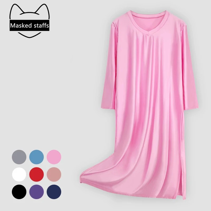 

Атласное глянцевое длинное платье с длинным рукавом, свободное облегающее платье для дома, длинное платье для сна с V-образным вырезом