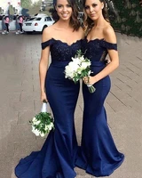 navy elegant bridesmaid dresses custom made spandex lace applique off the shoulder mermaid party gown for weddings
