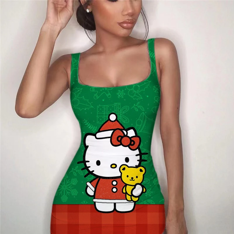 

New Summer Women Sexy Fashion Sleeveless Hello Kitty Print Colorblock Midi Dress Blue Tank Top Skinny Party Dress Club