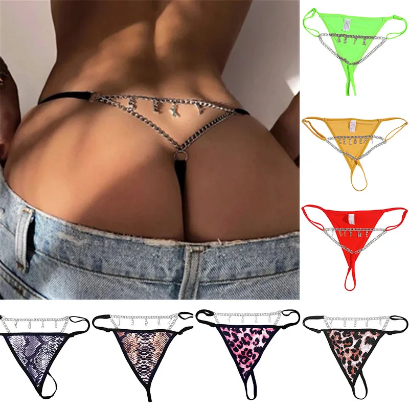 

Custom Bikins Thongs T g-string Sexy Leopard With Name Waist Body Chain for Women Personalized Panties Silver Color Metal Letter