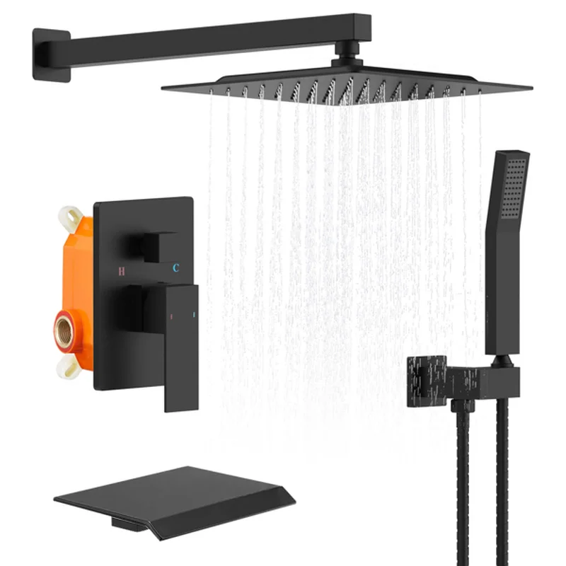 

Shower Faucet Set with Waterfall Tub Spout 10" Square Rain Shower Head with Hand Spray Matte Black Wall Mount