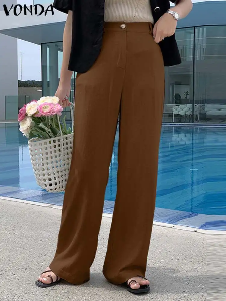 

VONDA Women Elegant Office Pants 2023 Fashion Wide Leg Pants High Waist Zipper Pockets Casual Trousers Solid Color Party Femme