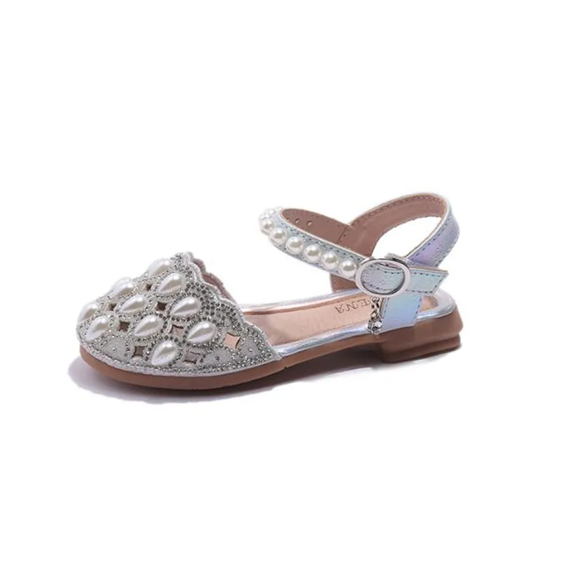 

Pearl Girls Leather Sandals Leather Children Wedding Shoe Non-slip Kids Flats