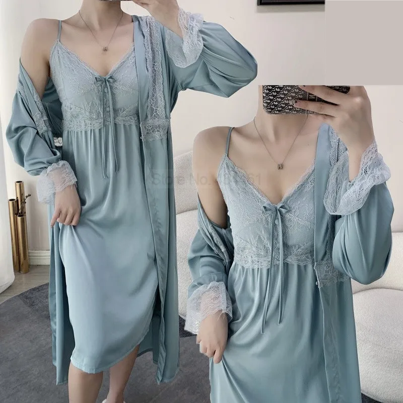 

Satin Twinset Kimono Robe Suit Women French Style Nightwear Lace Suspender Nightgown Summer Morning Gown Palace Sleepwear