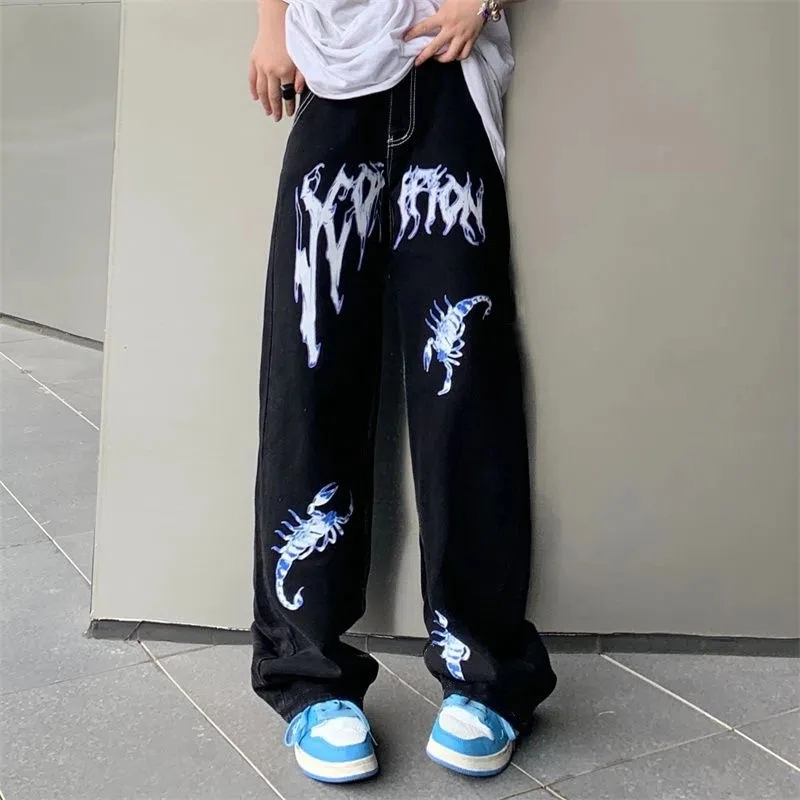 

High Street Straight Jeans Female Fashion Egirl Goth Clothing Anime Print Wide Leg Daddy Baggy High Waist Jeans Pants Woman