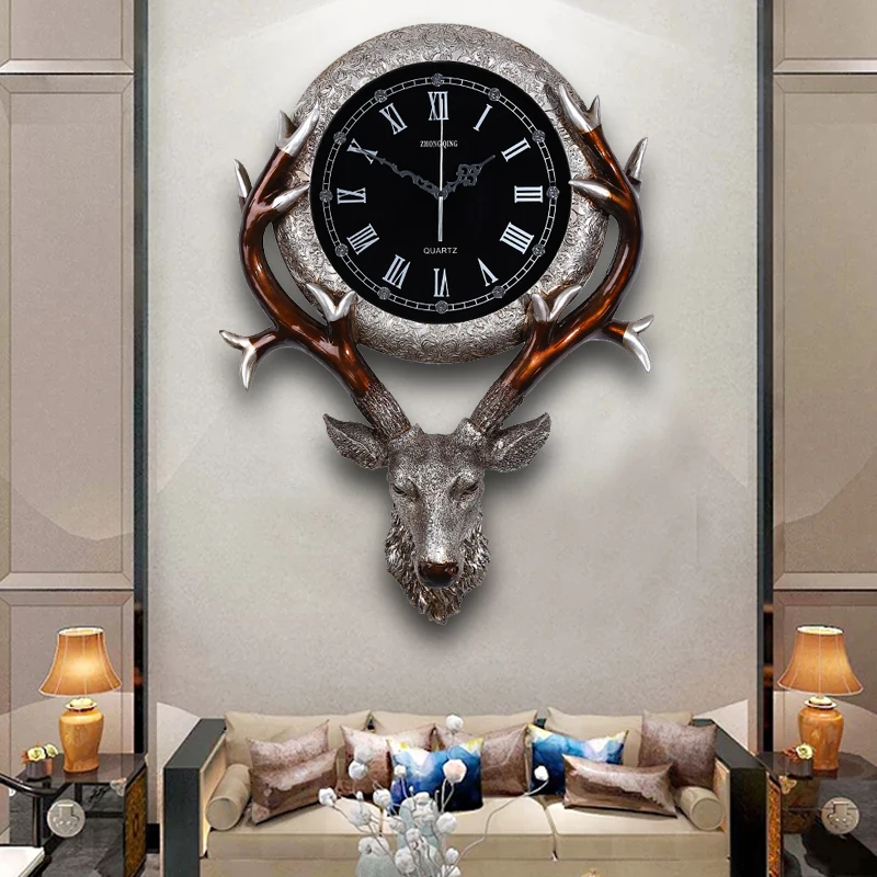 

European-style Clock Living Room Creative Retro Deer Head Wall Clock Porch Home Decoration Mute Clock Hanging Wall