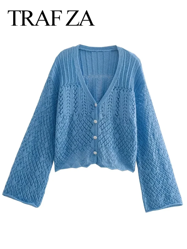 

TRAF ZA Elegant Solid Blue Knit Sweater Cardigan Loose Casual V-Neck Flared Long Sleeve Hollow All-match Short Coat Ladies