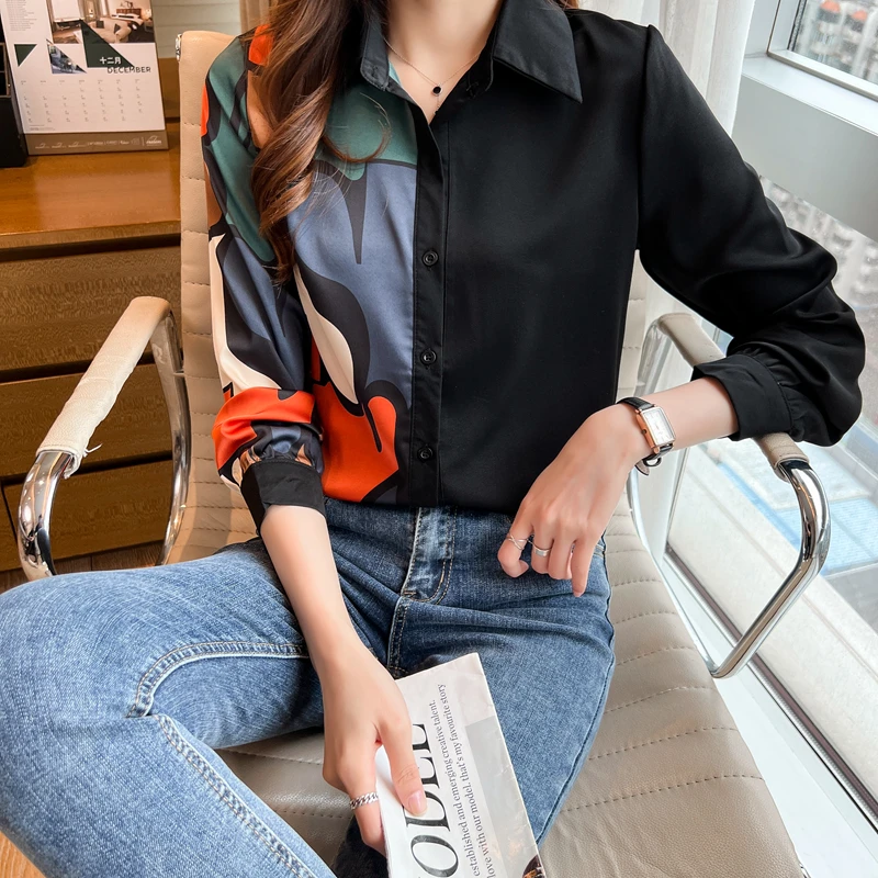 

Fashion Black Printed Shirts Woman Casual Slim Chiffon Blouse Ladies Elegant Office Long Sleeve Top Female Mujer Blusas Mq197
