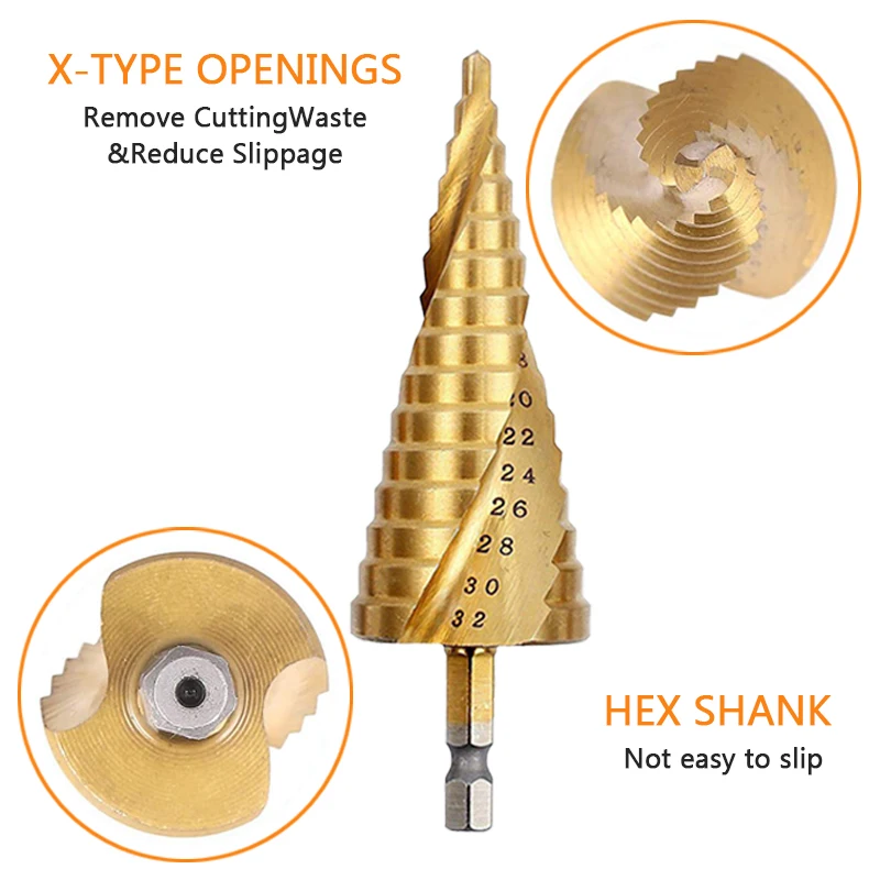 3PCS HSS Straight Groove Step Drill Bit 3-12mm 4-12mm 4-20mm 4-32mm Titanium Coated Wood Metal Hole Cutter Core Tools Set |