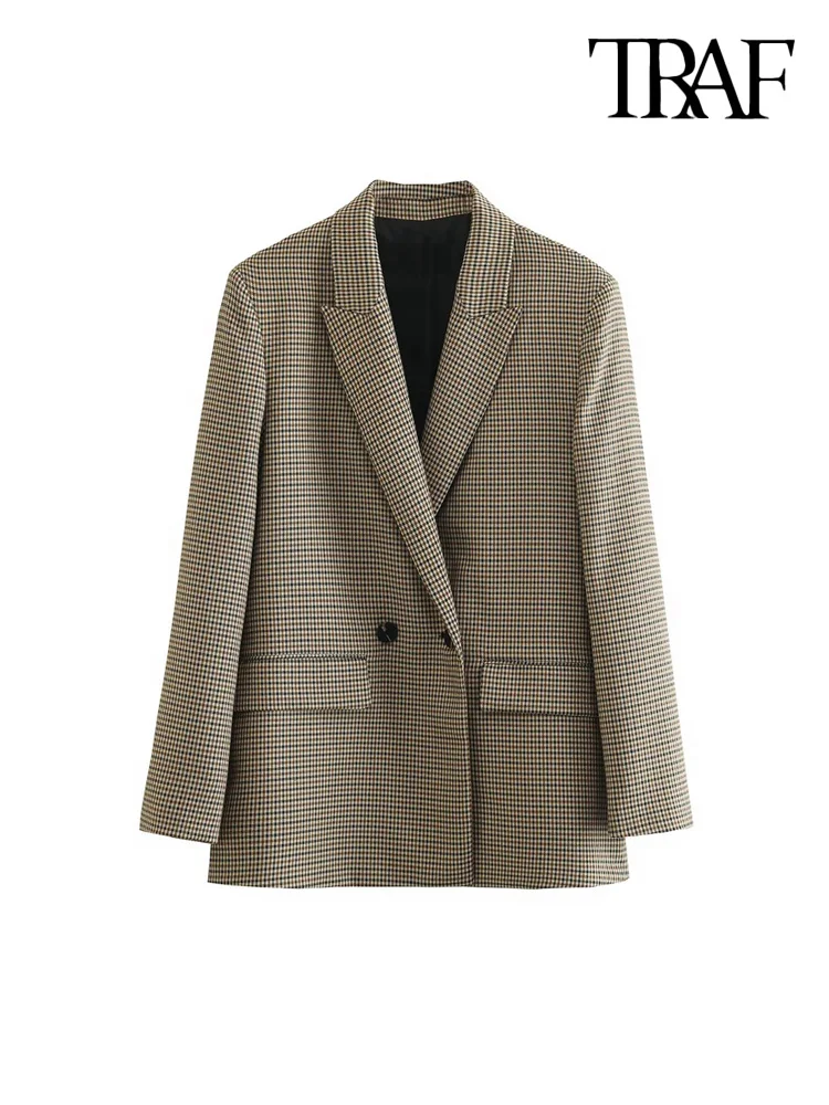 

TRAF Women Fashion Plaid Double Breasted Blazer Coat Vintage Long Sleeve Flap Pockets Female Outerwear Chic Vestes Femme