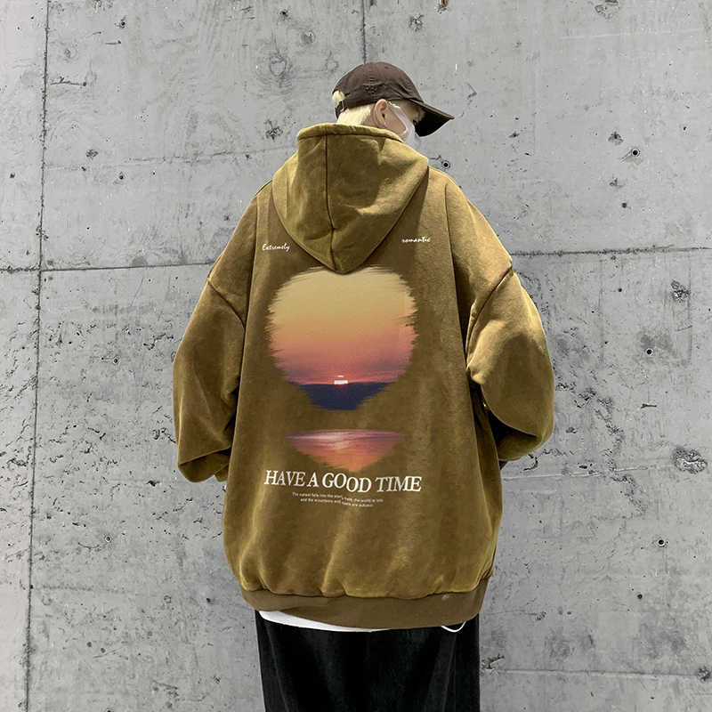 

Retro Wash Hooded Drawstring Sweatshirt Man Sunset Graphic Printed Oversized Korean Chic Hoodies Male Tops Harajuku Street Coat