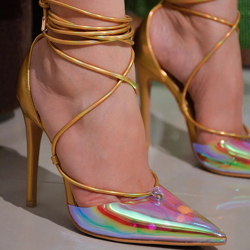 

Сандалии женские прозрачные на тонком каблуке, блестящие босоножки из ПВХ, с острым носком, с перекрестной шнуровкой, летняя пикантная обувь с вырезами, новинка весны