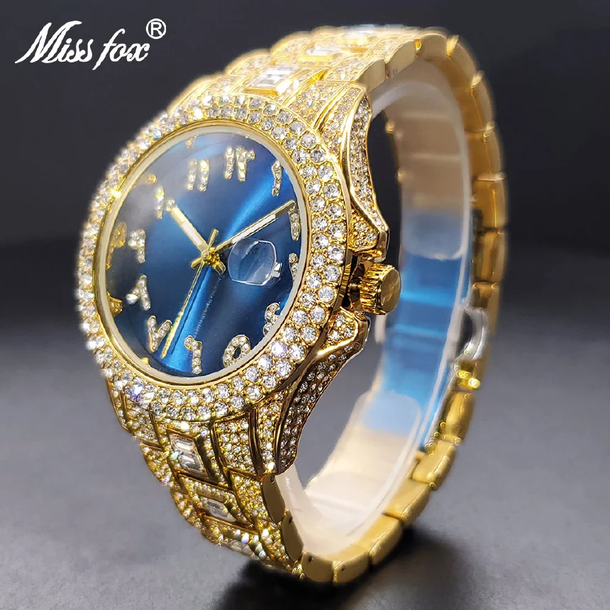 

    Gold Men's Watch Blue Dial Diamond Luxury Big Wrist Quartz Watches Bracelet Baguette Look Like Expensive