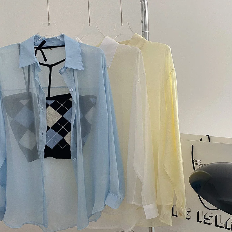 

Solid Thin Sunscreen Shirt Blue Yellow Summer Women Blouse