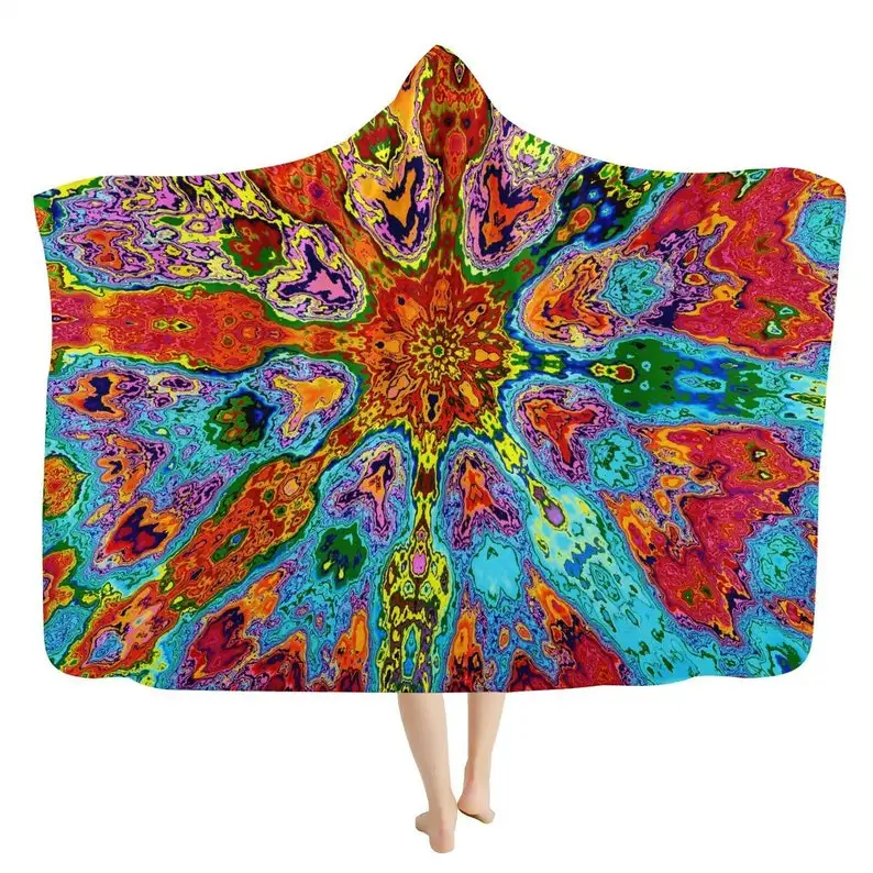 

Psychedelic Trip Hooded Blanket - Trippy Festival Throw Blanket, DMT Acid Weed Psy LSD, Fractal Design, Stoner Blanket, Hippie G