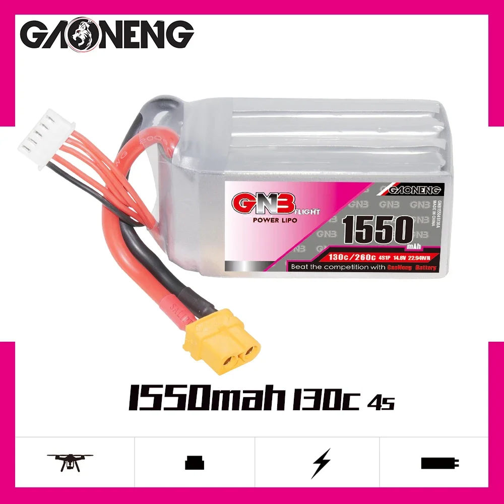

Gaoneng GNB 1550mAh 4S1P 14.8V 130C/260C Lipo Battery With XT60 Plug For FPV Racing Drone RC Quadcopter UAV Helicopter Parts