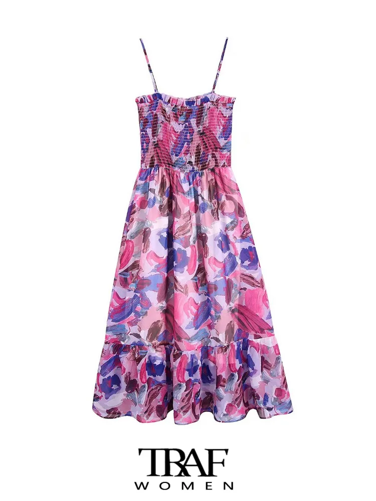 

TRAF Women Fashion Printed Smocked Elastic Midi Dress Vintage Backless Thin Straps Female Dresses Vestidos Mujer