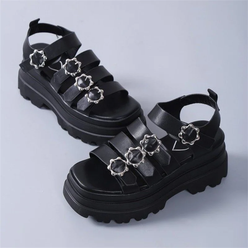 2023 Women's Platform Sandals Summer New Metal Decoration Chunky Black Women Sandals Ladies Casual Roman Sandalias Women Shoes