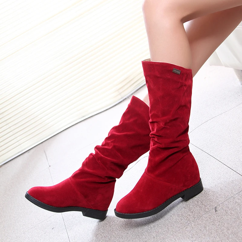 

Autumn Winter Women's Boots Ladies Height Increased Low Heel Shoes Woman Mid Calf High Boots Matte Flock Boots For Female