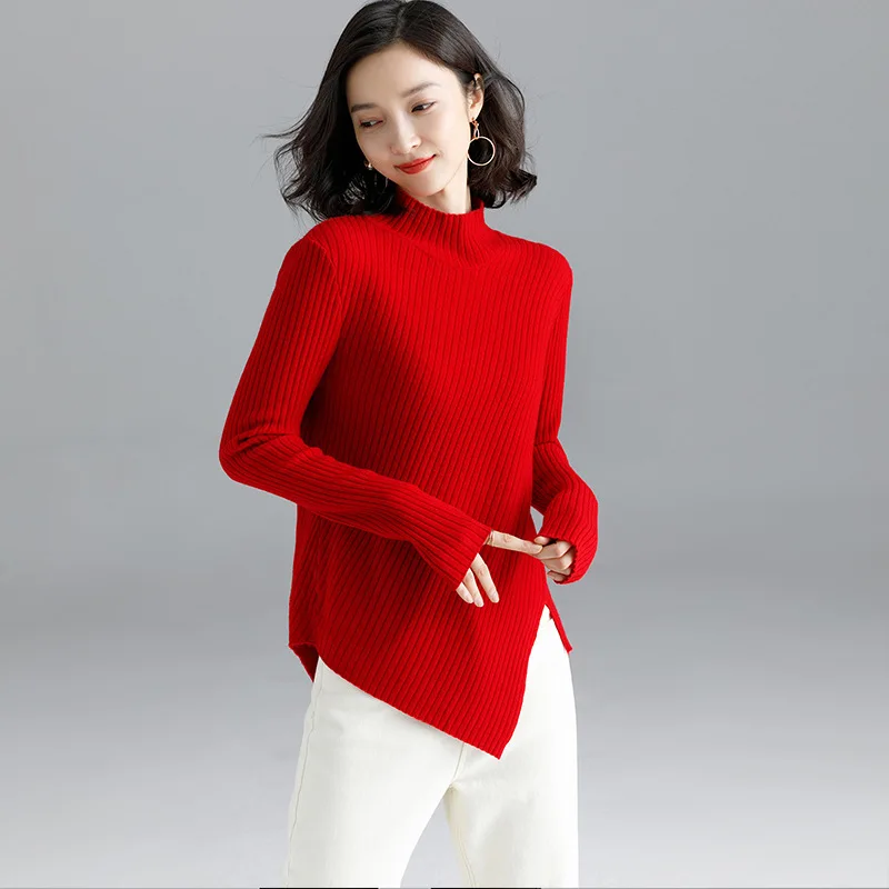 

Irregular Pure Wool Sweater Women Spring and Autumn with A Western Half High Neck Knitted Bottoming Shirt White Split Sweater