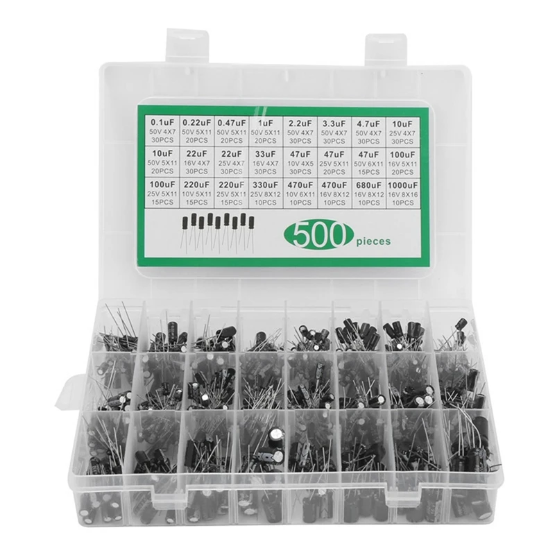 

500PCS 0.1UF-1000UF In-Line Electrolytic Capacitors Sample Kit 16V-50V