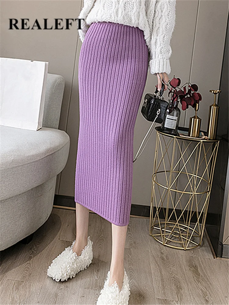 

REALEFT 2022 Winter Thickening Women Knitted Skirts Female High Waist Office Ladies Elastic Knitting Midi Length Skirt Female