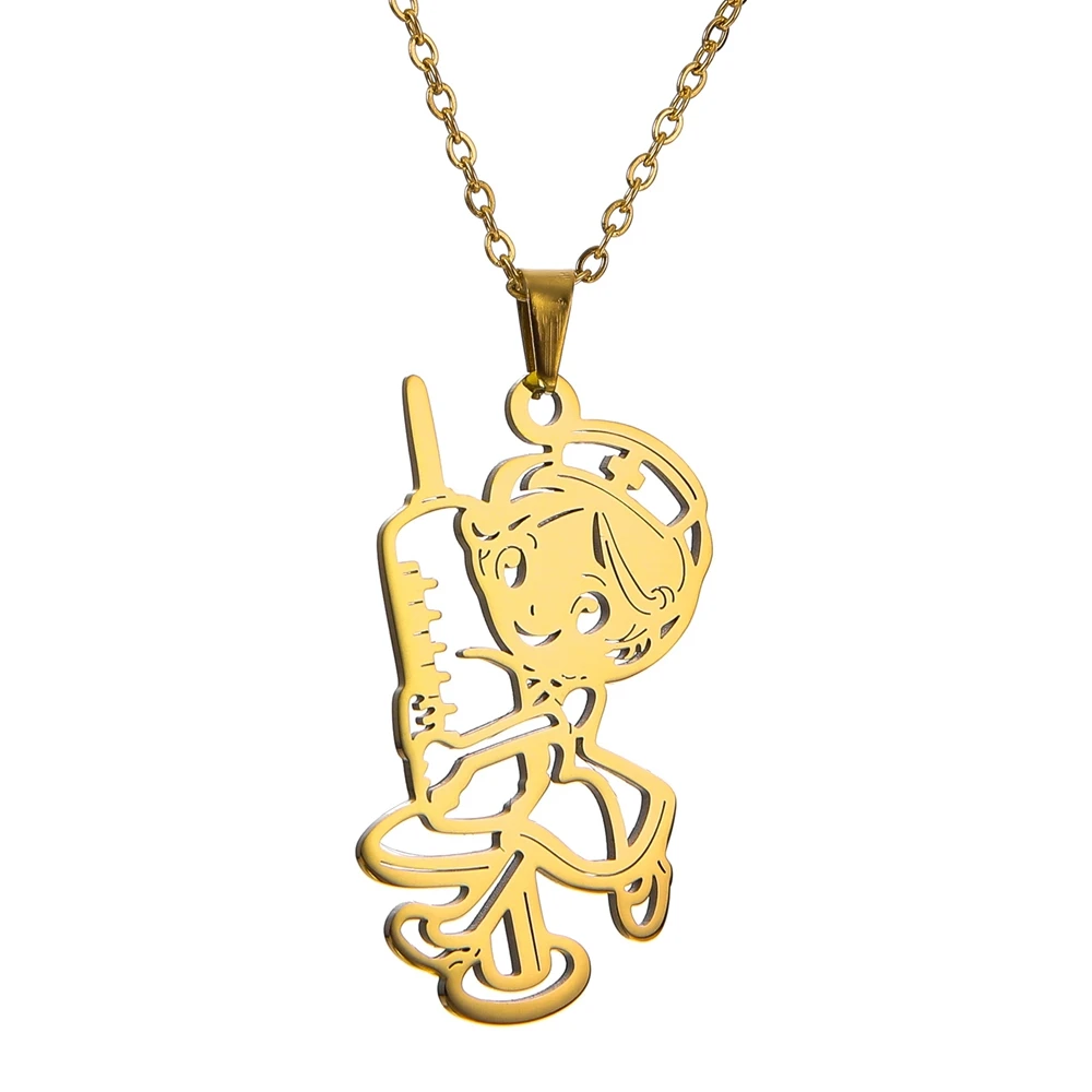 

2 Colors Gold Color Steel Color 18.9x34.5mm Cartoon Girl Holding A Syringe Pendant Necklace With 45+5cm Link Chain