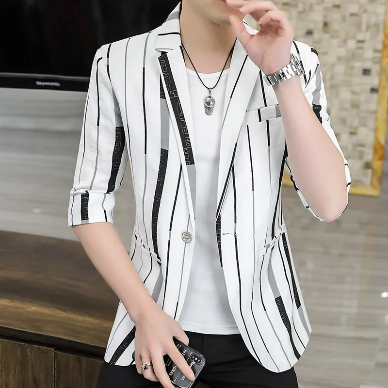 

Men In Suits Summer Thin Sleeves Korean Slim Stripe Seven-point Sleeve Coat Men 2022 New Half Sleeve Suit Men Trench S-3XL